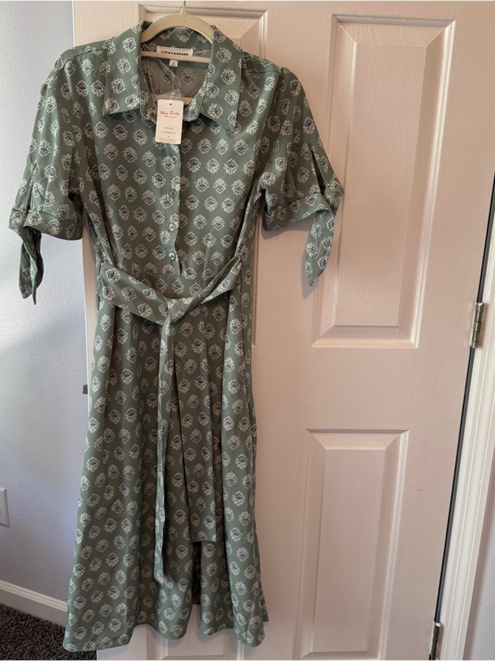 Lucky Brand Sage Green Printed Midi Shirt Dress